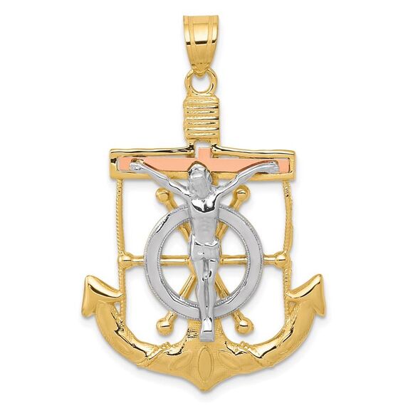 14k TriColor Gold Diamond-cut Mariners Crucifix Cross Pendant 26x42mm